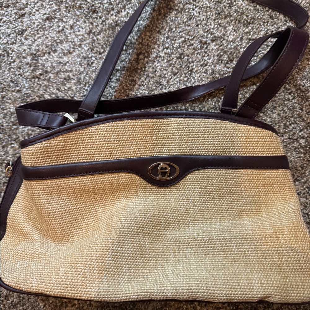 Etienne Aigner Double Shoulder Handbag Purse Bag Jute Brown & Woven  NWOT